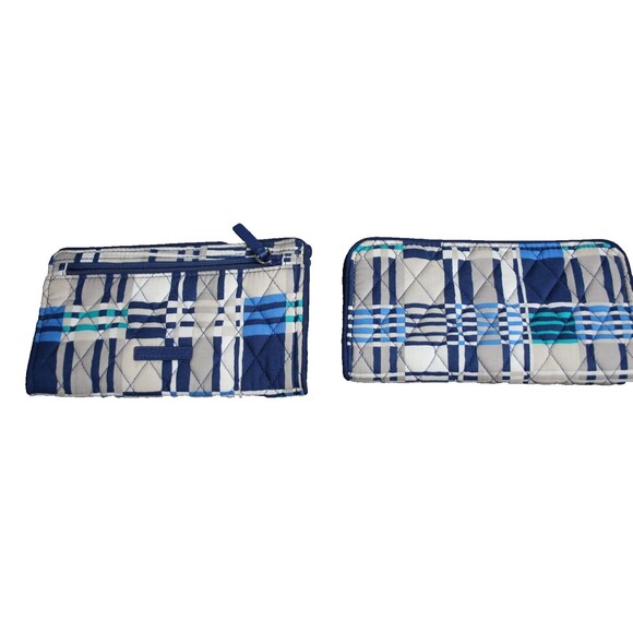 Vera Bradley Quilted Wallet & Pouch Blue Plaid & Floral Interior RFID Protection - Picture 1 of 5